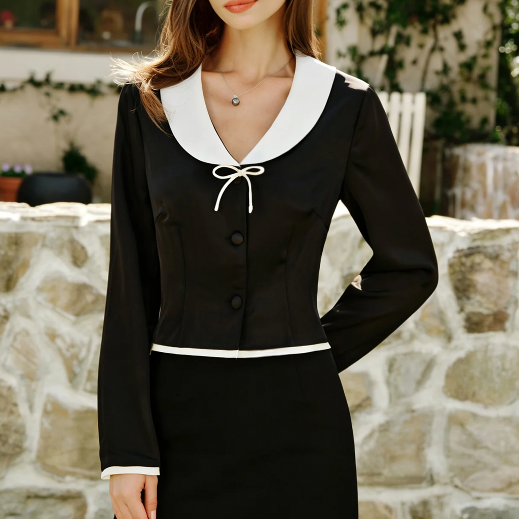 Contrast Collar Satin Bowknot Slim Long‑Sleeve Blouse