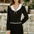 Contrast Collar Satin Bowknot Slim Long‑Sleeve Blouse