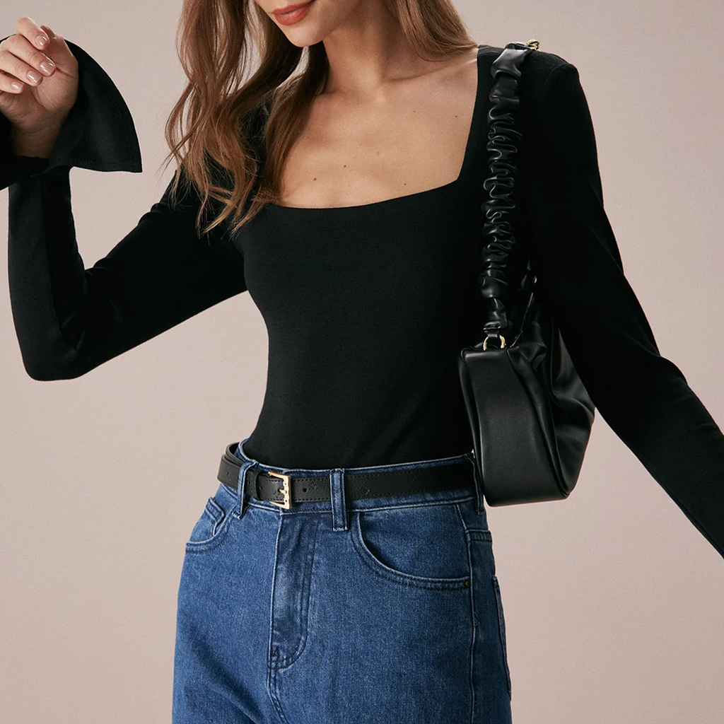 Square Neck Slit Flare Sleeve Slim‑Fit Long Sleeve Tee