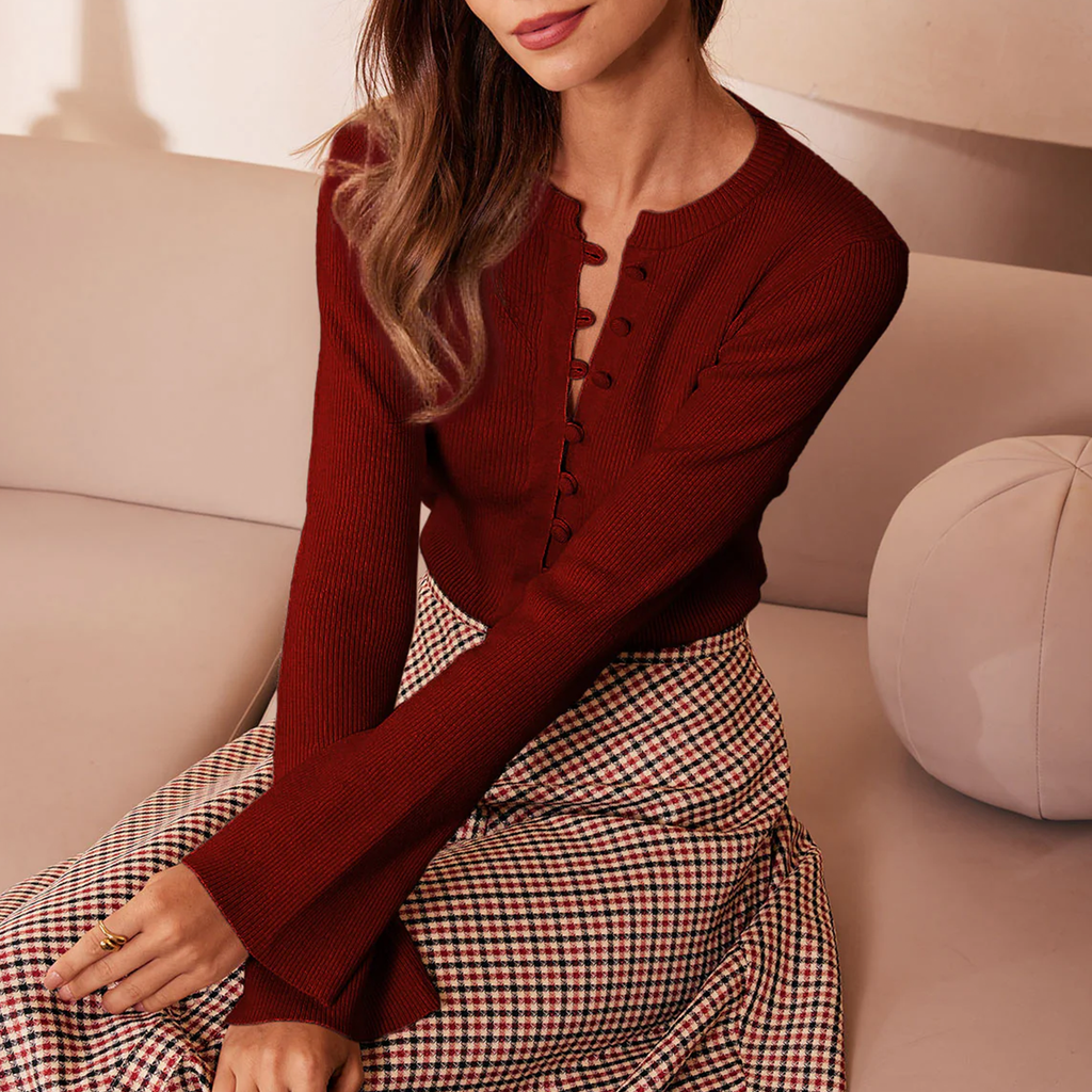 Button‑Detail Bell Sleeve Ribbed Knit Slim Top