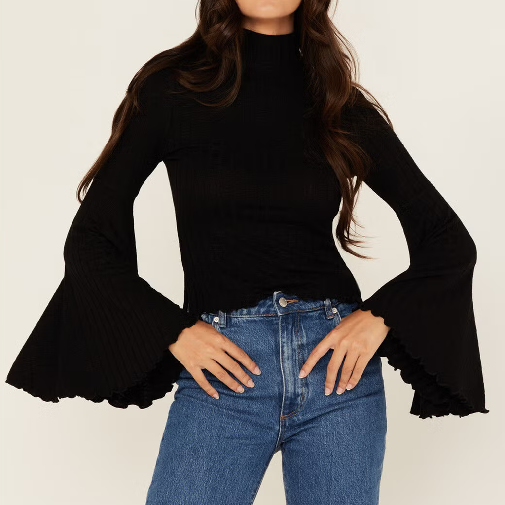 Mock Neck Solid Long Bell Sleeve Ribbed Knit Top