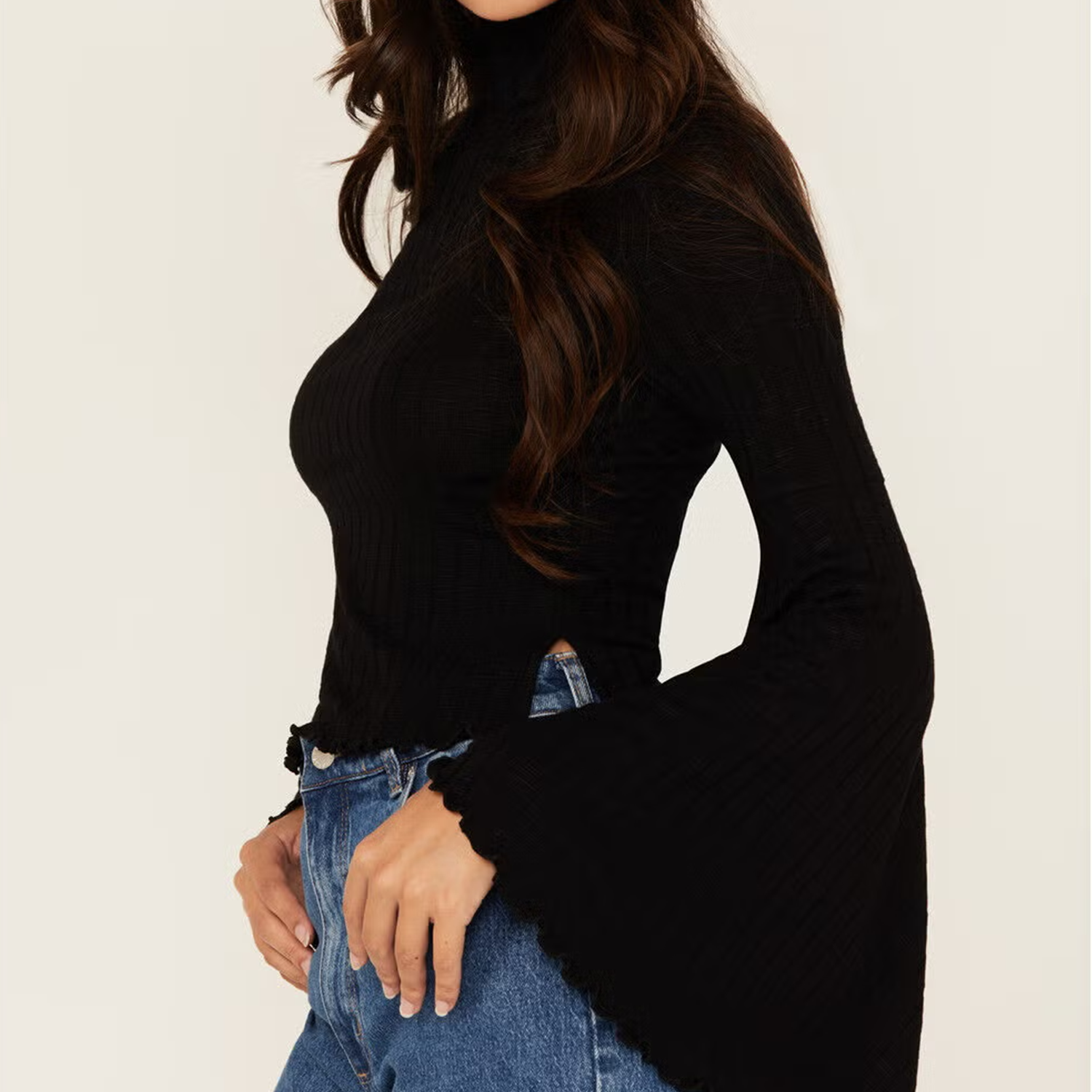 Mock Neck Solid Long Bell Sleeve Ribbed Knit Top