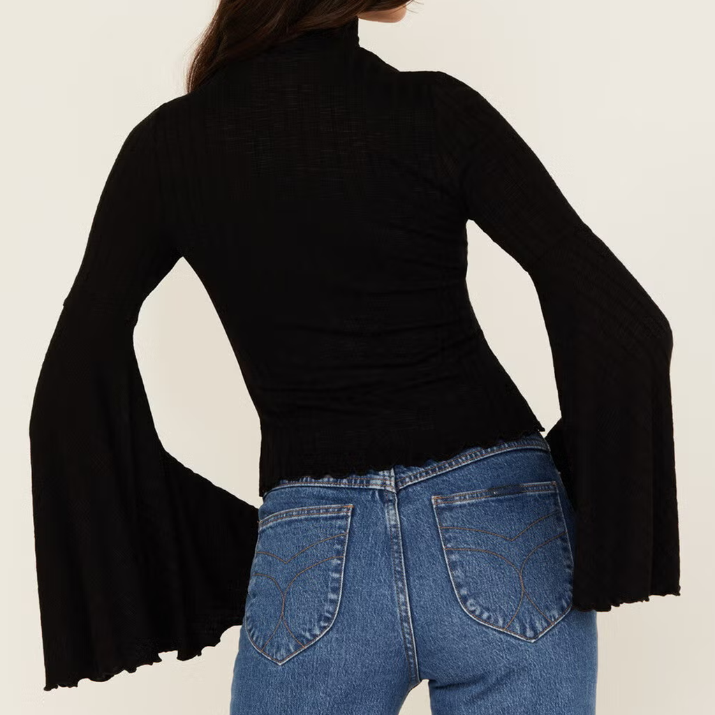 Mock Neck Solid Long Bell Sleeve Ribbed Knit Top
