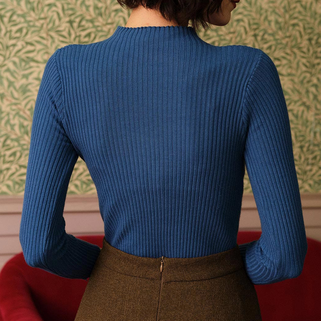 Mock Neck Side Button Ribbed Slim‑Fit Knit Top