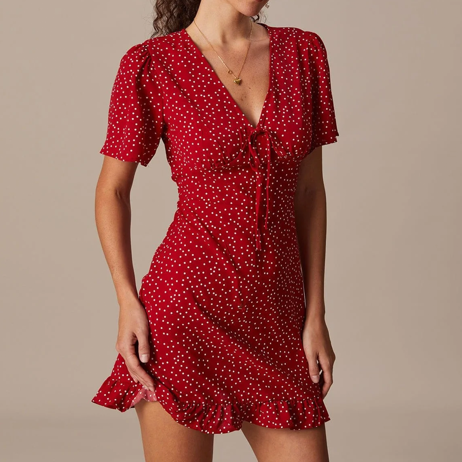 V‑Neck Polka‑Dot Puff Sleeve Tie‑Front Flounce Mini Dress