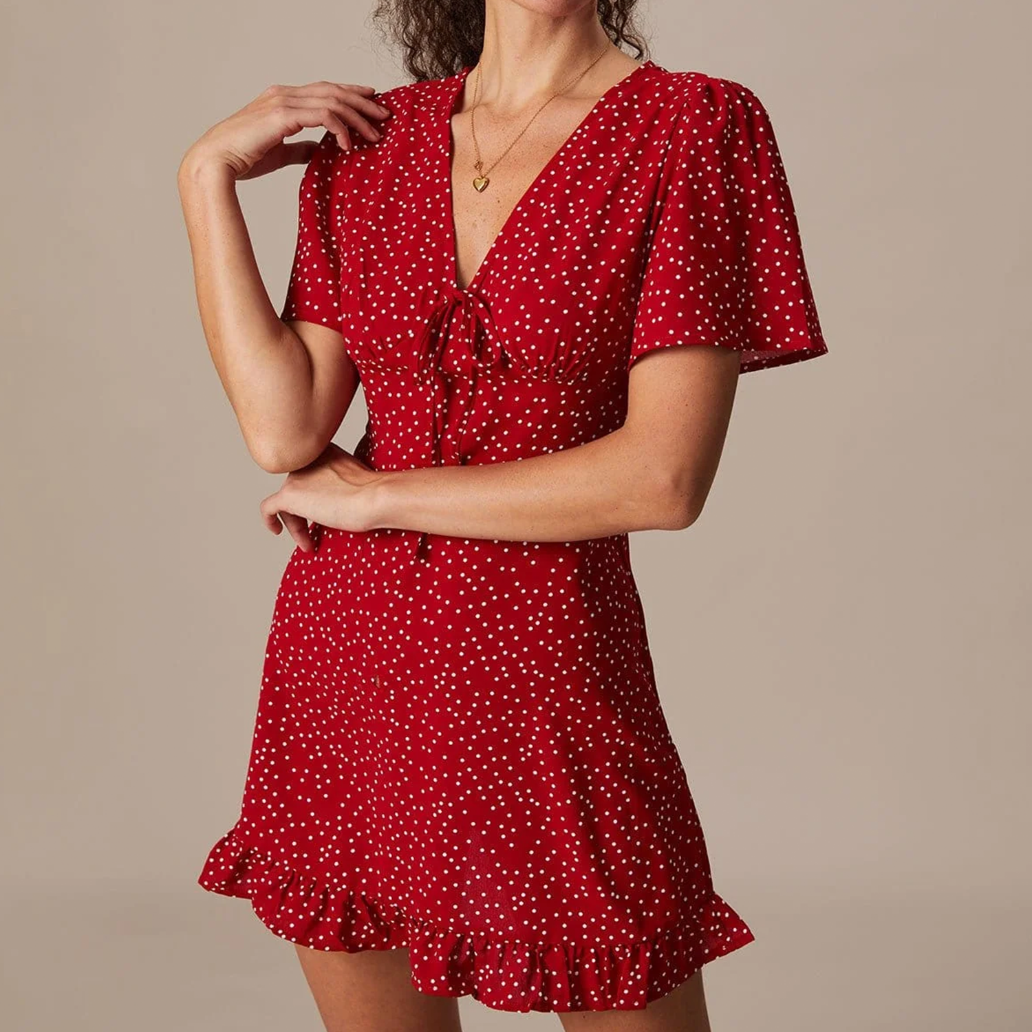 V‑Neck Polka‑Dot Puff Sleeve Tie‑Front Flounce Mini Dress