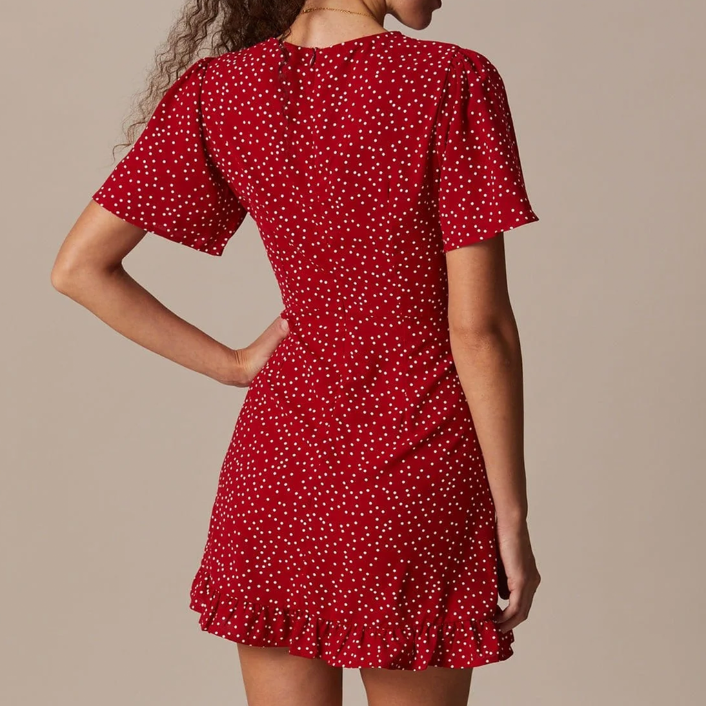 V‑Neck Polka‑Dot Puff Sleeve Tie‑Front Flounce Mini Dress