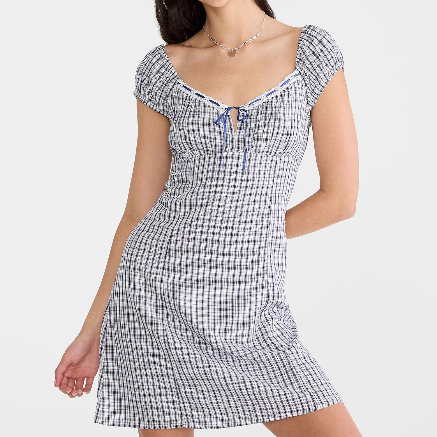 Plaid Scoop‑Neck Ribbon Bow A‑Line Woven Mini Dress