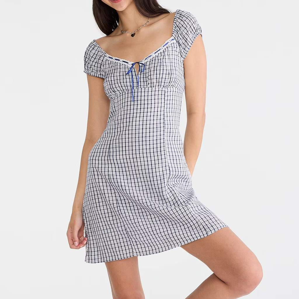 Plaid Scoop‑Neck Ribbon Bow A‑Line Woven Mini Dress