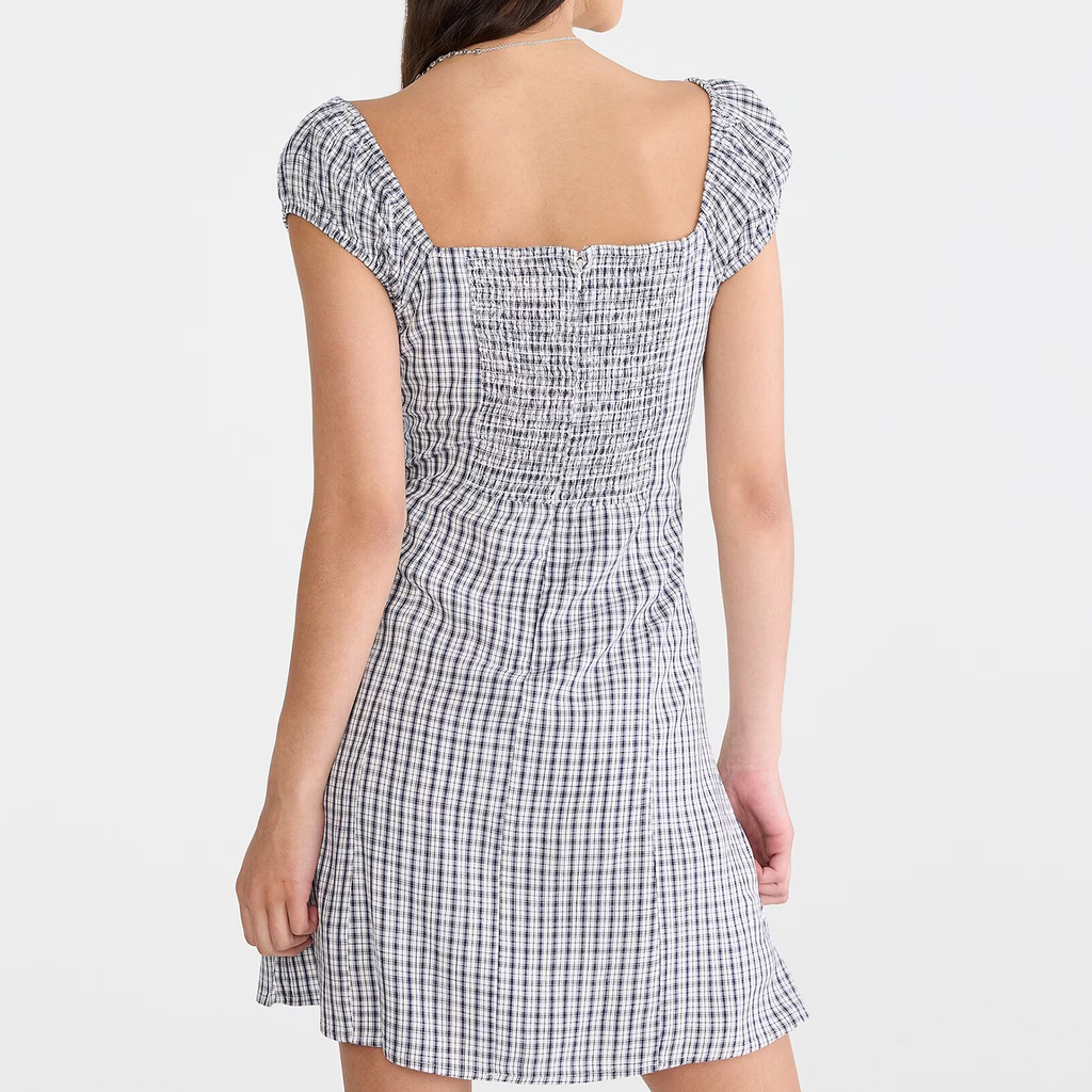 Plaid Scoop‑Neck Ribbon Bow A‑Line Woven Mini Dress